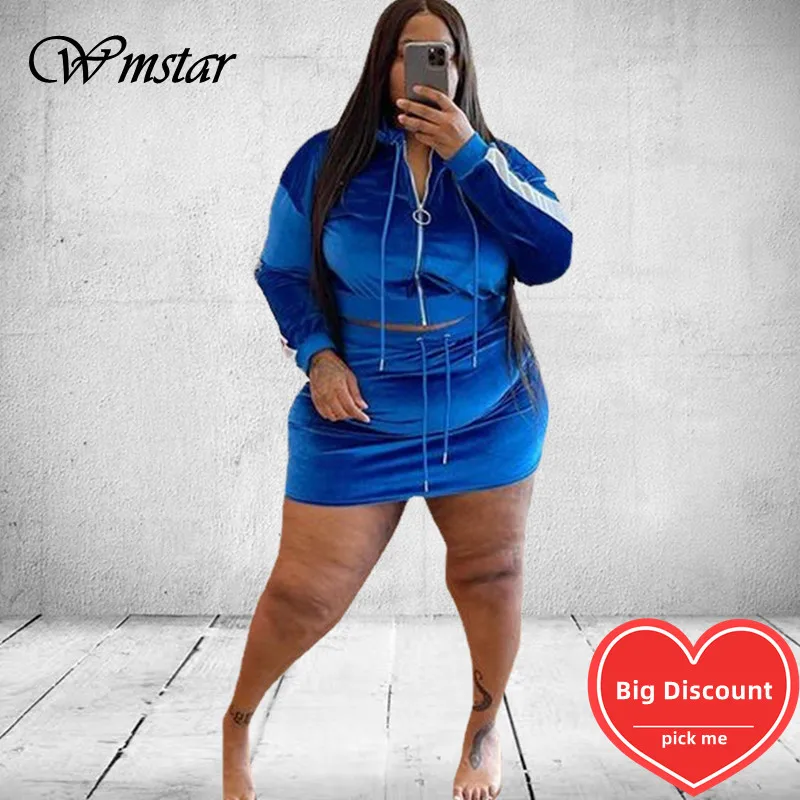 Wmstar Plus Size kobiety odzież aksamitna dres 2 dwuczęściowy zestaw bluza z kapturem krótka spódniczka zestawy pasujące stroje sprzedaż hurtowa Dropshipping