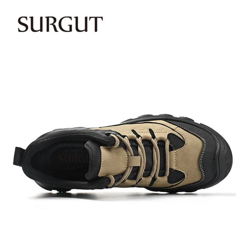 SURGUT Men Casual Shoes Cow Leather Waterproof Cushioning Anti-Skid Comfortable Non-Slip Outdoor Thick Outsole Shoes Size 38-46