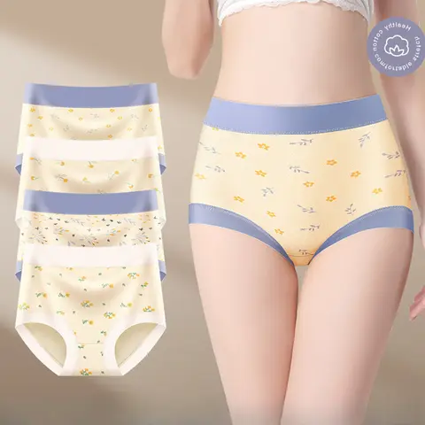 3pcs Sweet Floral High-waisted Women's Pure Cotton Panties Seamless Breathable Underwear Comfortable Ladies Briefs