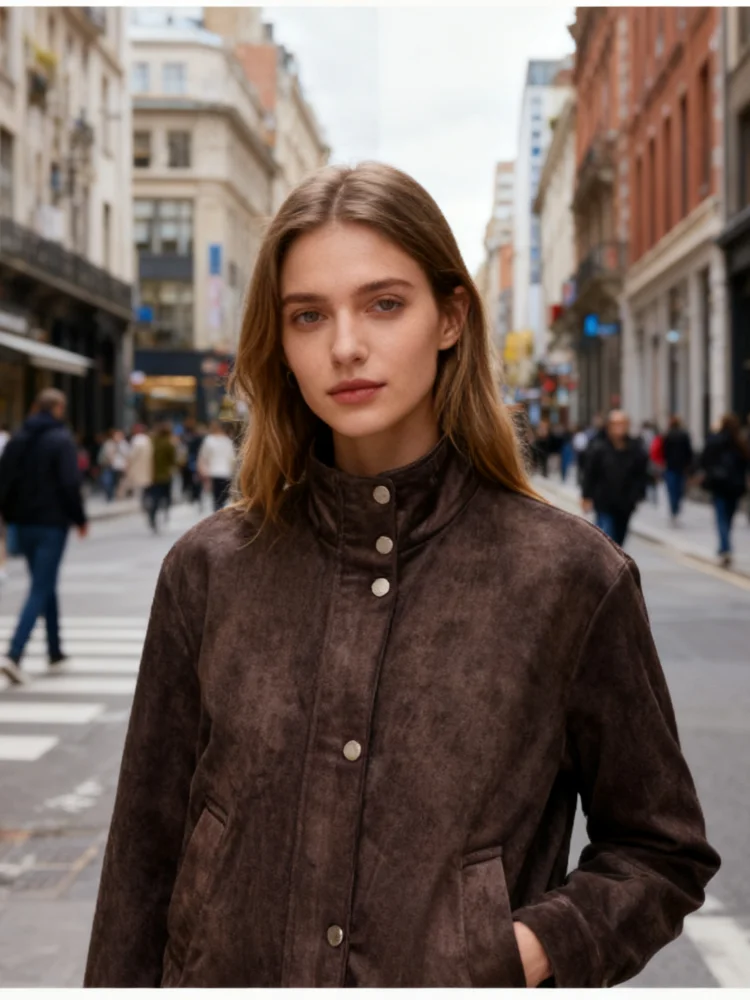 

Винтажные замшевые куртки женские с высоким воротом на молнии с длинными рукавами толстые пальто женские осенне-зимние шикарные модные теплые уличные верхняя одежда