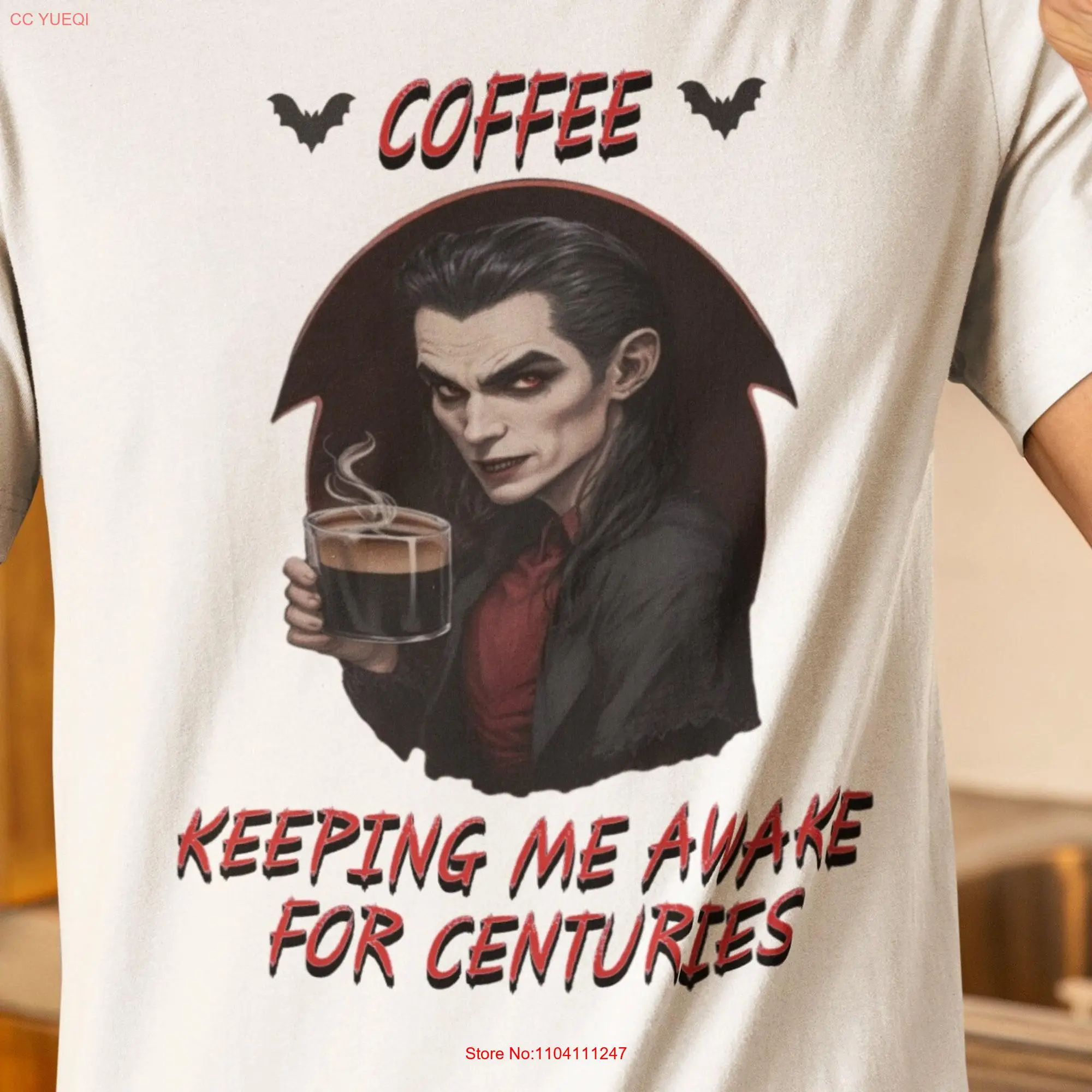 Vampire Coffee T Shirt Funny Dracula Lover Gothic Horror Halloween long or short sleeves