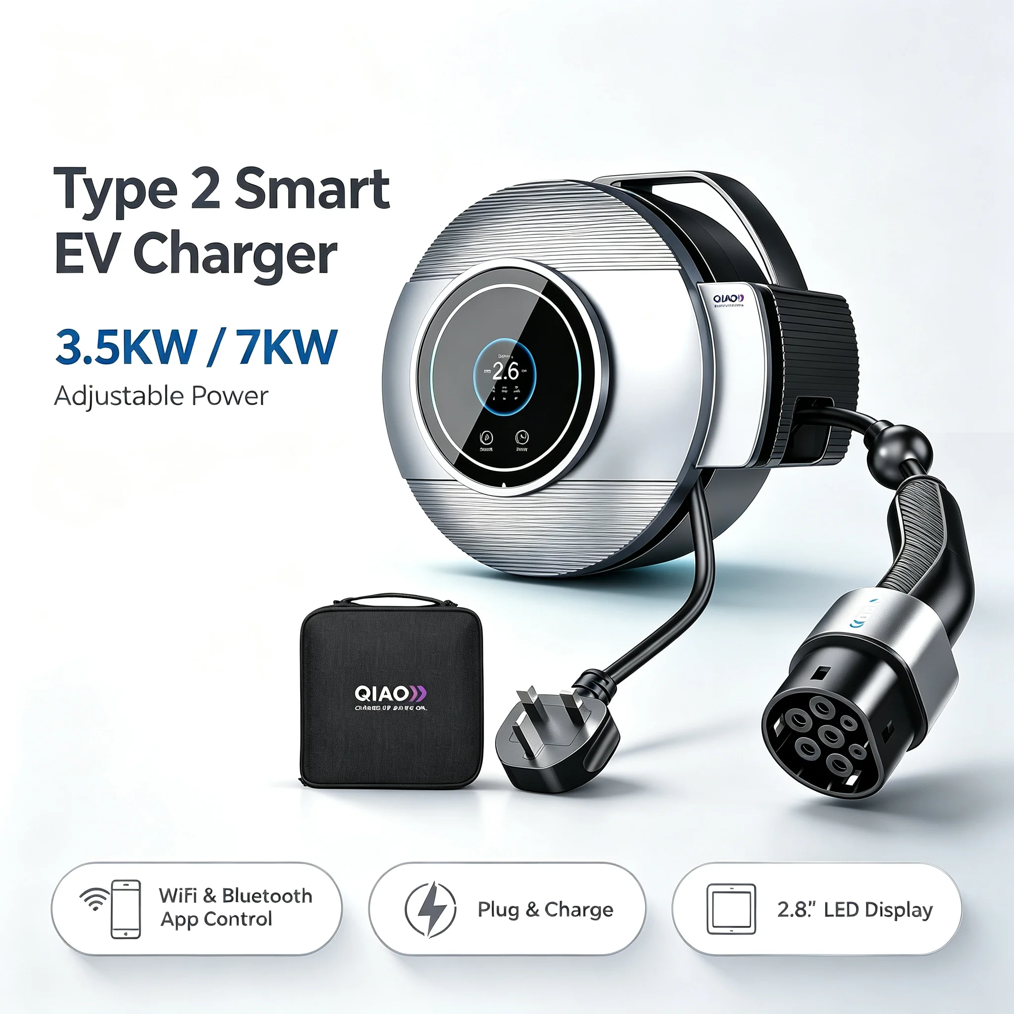 QIAO Type 2 Smart EV Charger 3.5KW/7KW WiFi/Blue-tooth/App Control Plug Charge with LED Display 2.8-Inch Display Electric Car