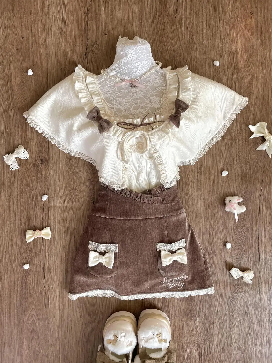 

Sweet Square Neck Short Sleeved Shirt + Bow Shawl + Vintage Coffee Slim Waist Mini Skirt Cute Core 3 Pcs Sets Women Y2k Suits