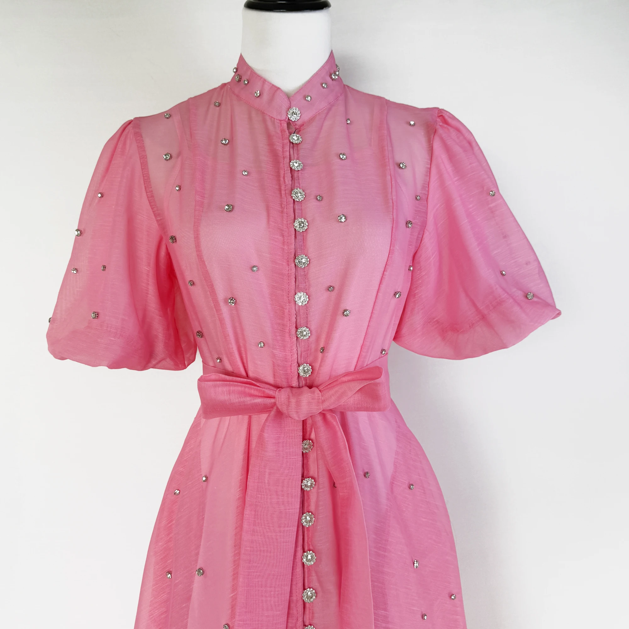 高級ビーズダイヤモンドイブニングウエディングドレス女性のためのスタンドカラーロングランタンスリーブシングルブレストベルト夏の女性の服