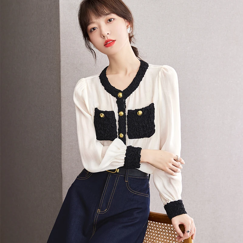 

Fashion Spliced Button Pocket Long Sleeve O-neck French Style Blouse Women Tops Office Lady Elegant Loose Casual Shirt D2359