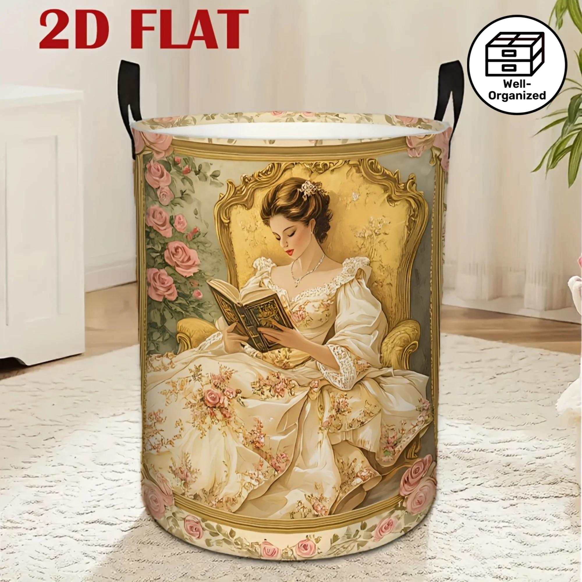 1 Laundry Basket - Vintage Pattern with Gilded Frame Featuring a Reading Lady, Storage and Decorative Laundry Basket