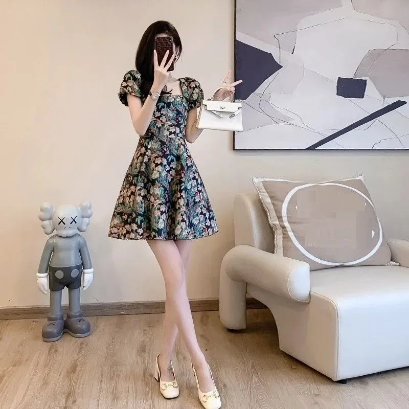 2024 New Summer Mini Dress Women High Waist Female Floral Dress Elegant Square Neck Fashion Clothing for Woman