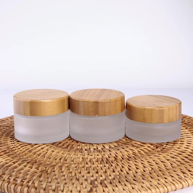 

refillable Recycled Frosted Glass Jars With Bamboo Lids bamboo cosmetic jar glass for face cream packing with wooden bamboo cap