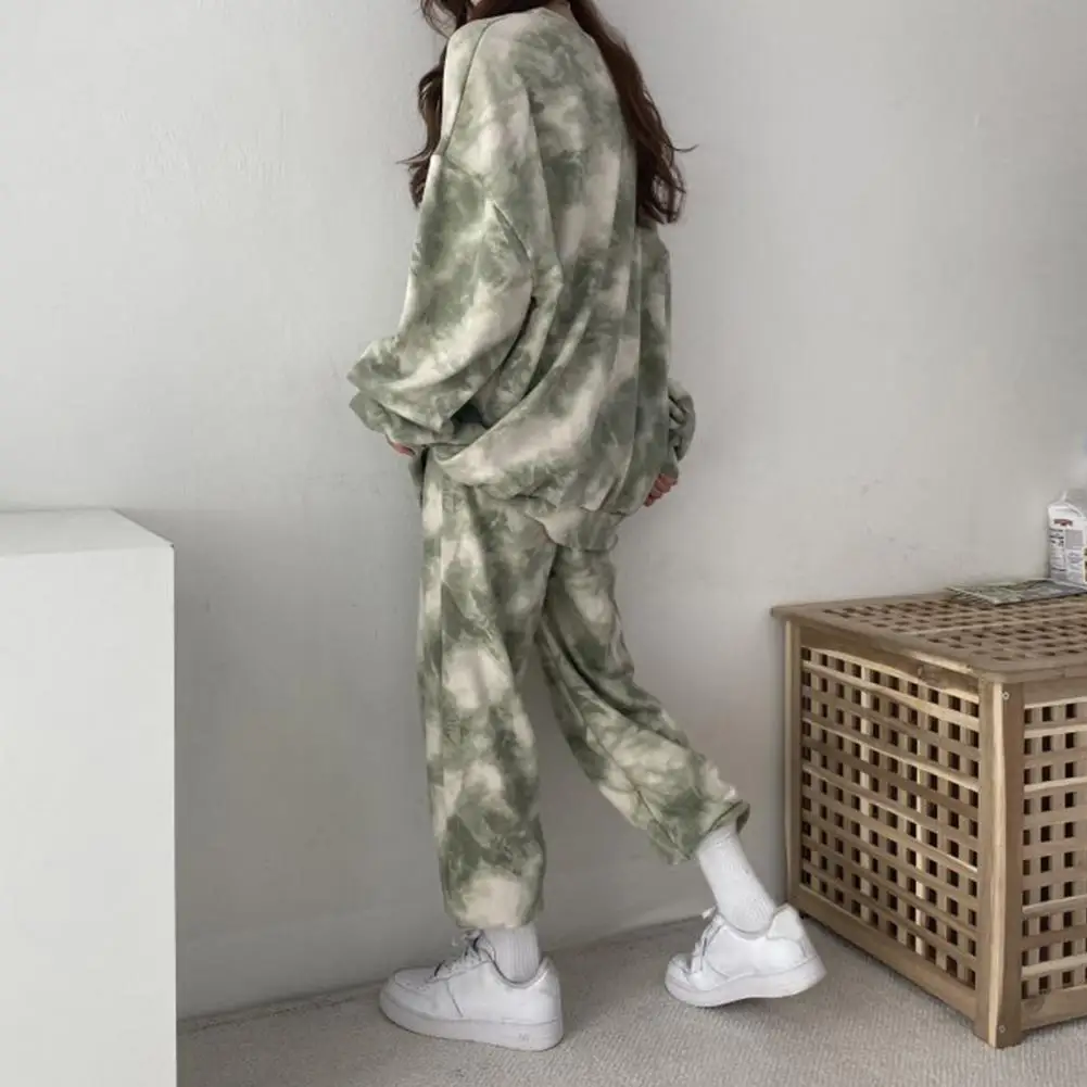 2Pcs/Set Women Autumn Winter Tie Dye Print Casual Sportwear O-neck Long Sleeve Pullover Tops Loose Fit Lady Long Pants Set