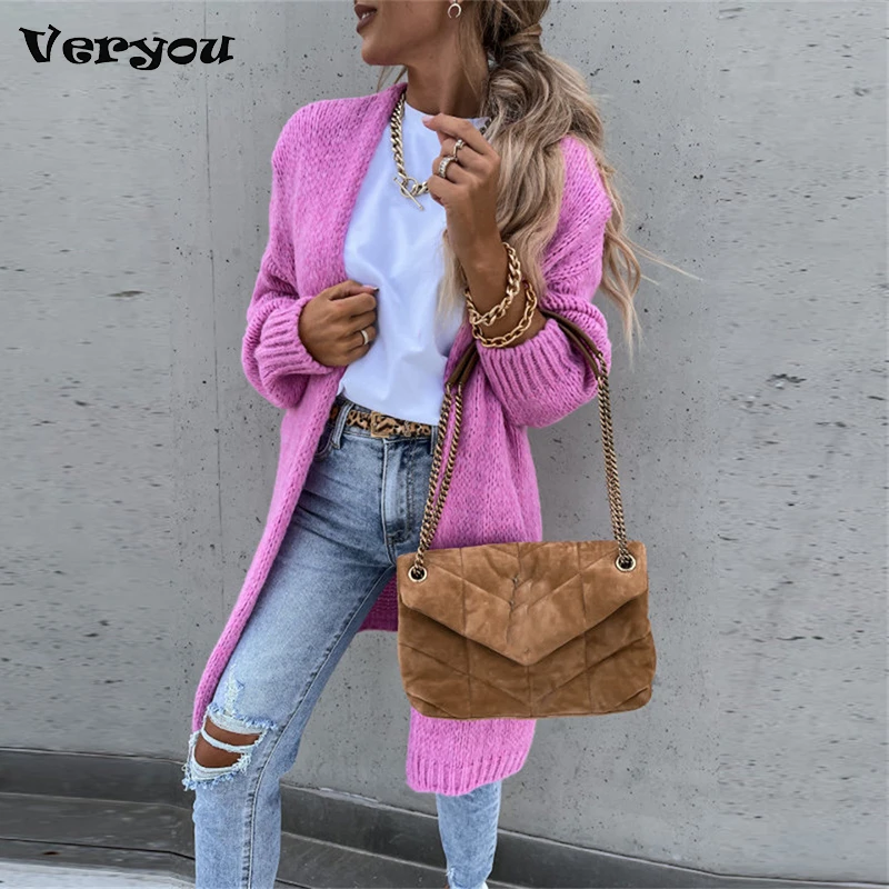 Women Casual Long Sleeve Knitted Cardigan Autumn Elegant Loose Solid Color Sweater Coats Winter Fashion Straight Midi Outerwear