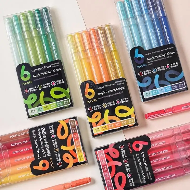 New 6pcs/set Multi-Color Gel Pen Student Neutral Pen 6 Colors Acrylic Painting Handbook Pens Writing Marker Stationery