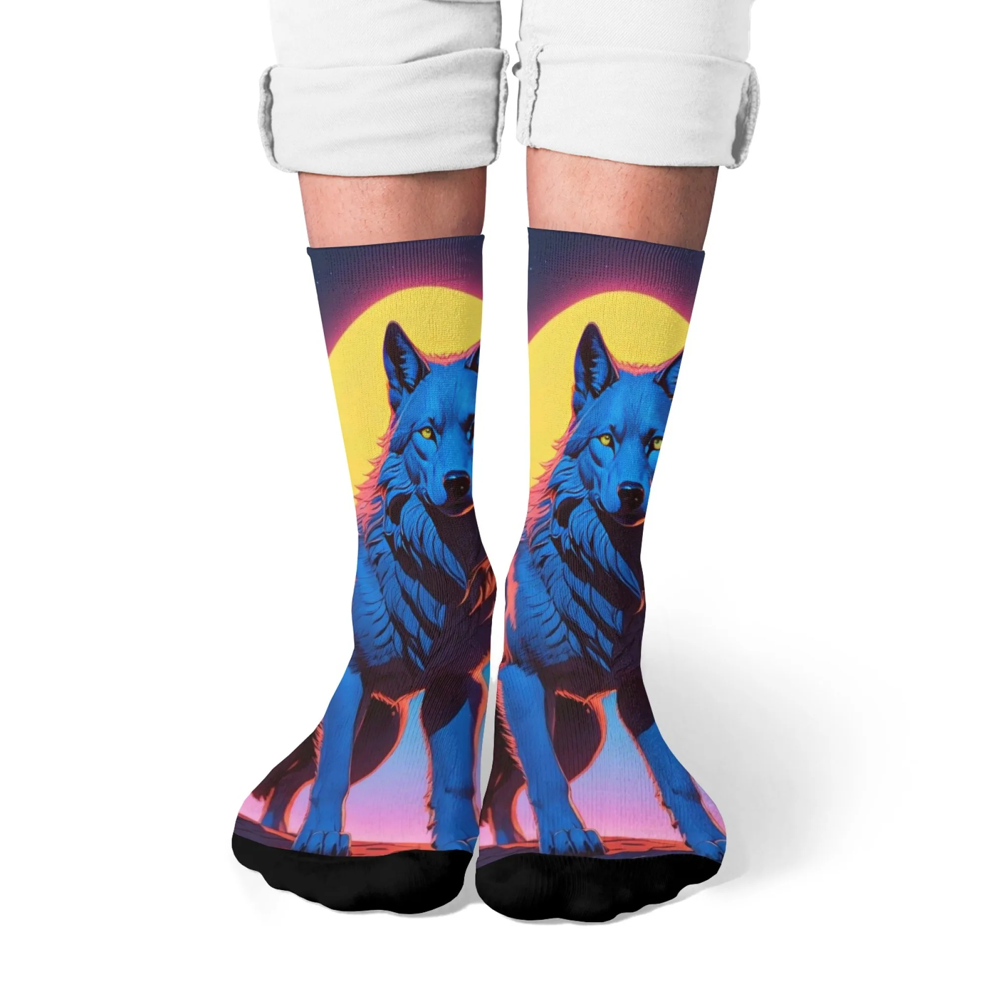 Neuartige lebendige blaue Wolf-Druck-Herrensocken, Harajuku, Retro-Farbverlauf, Sonnenuntergang, Crew-Socken, bequem, atmungsaktiv, rutschfeste Socken, Geschenk