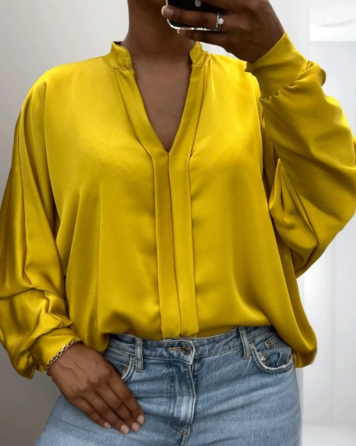 

Women's Satin Batwing Sleeve Stand Collar Top Solid Slim 2024 Spring Summer New Fashion Female Casual Clothing Elegant Blouses