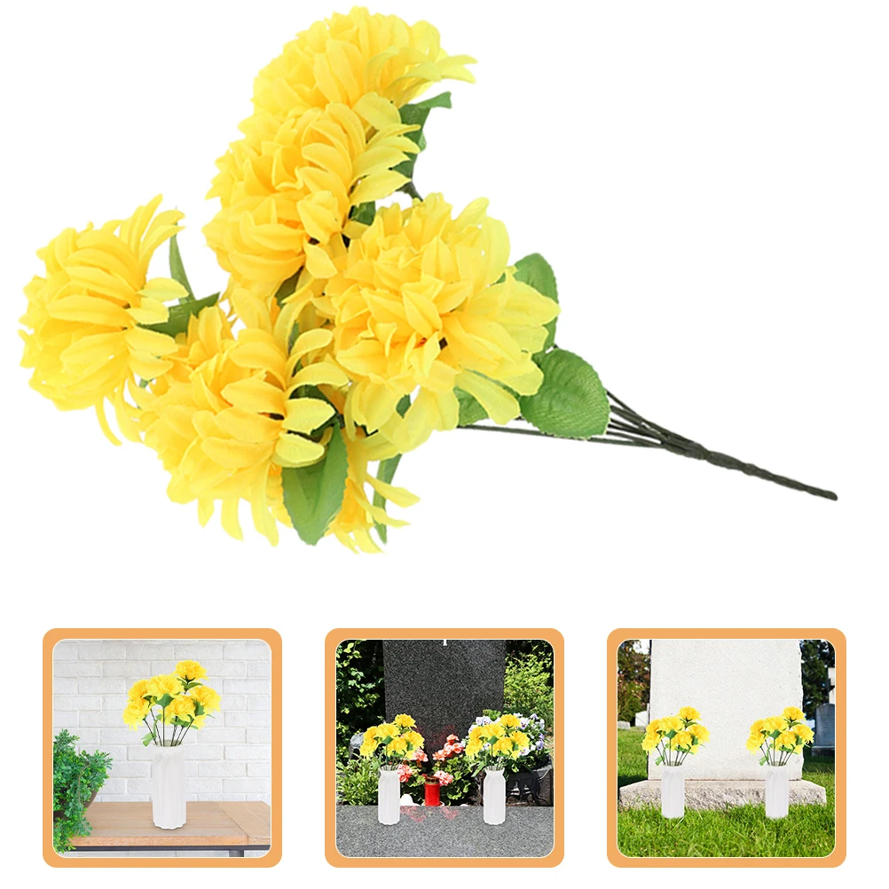 

5pcs Artificial Chrysanthemum Bouquet Realistic Yellow Marigold Flowers for Cemetery Grave Decor Long Fall Flowers