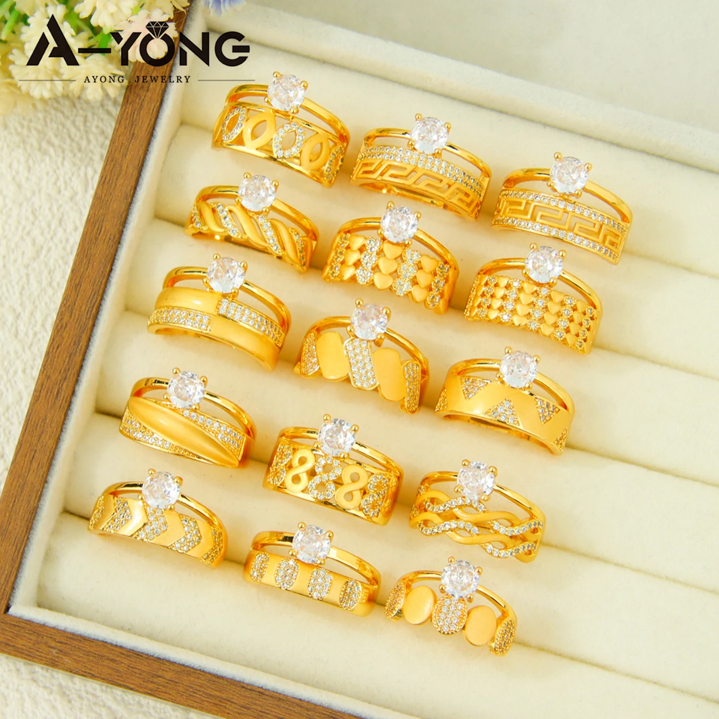 Dubai Fashion Cubic Zirconia Rings 21k Gold Plated Arabic Bridal Wedding Luxurious Couples Ring Nigeria Women Party Jewelry