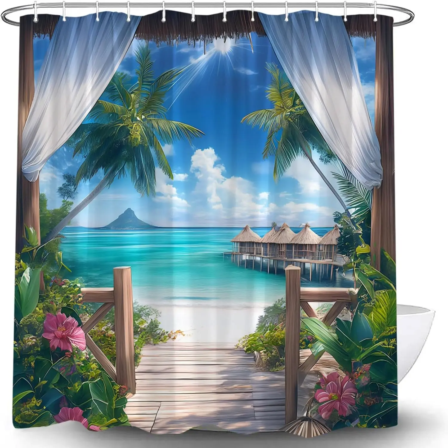 Ocean Beach Scenery Shower Curtain, Tropical Palm Sunset Hawaii Scene, Coastal Seascape with Hooks