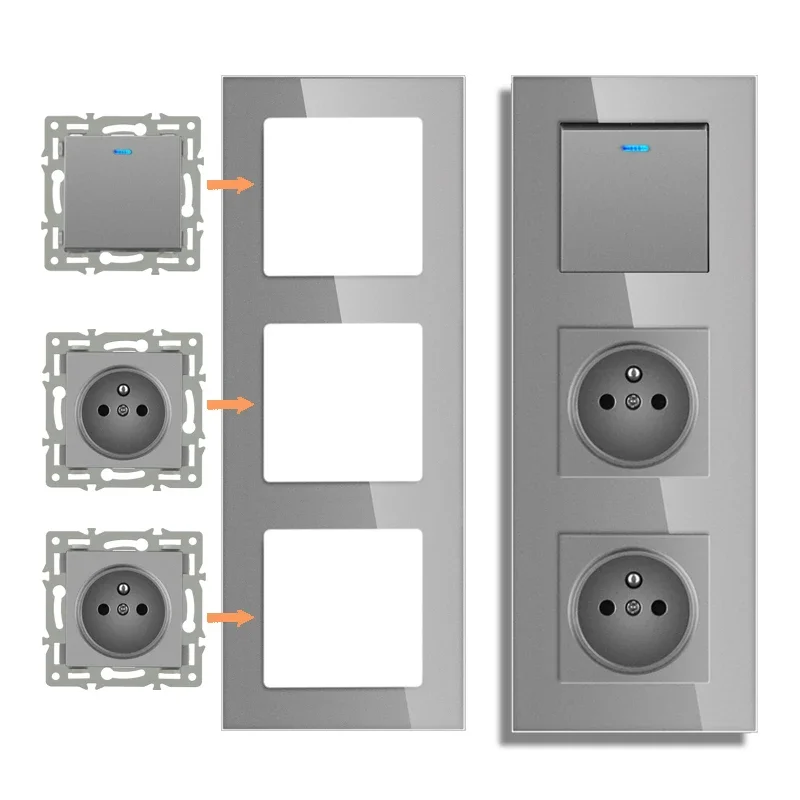 Module mural standard européen bricolage, panneau en verre cristal gris, prise de courant, fonction de bouton de commutation, combinaison gratuite