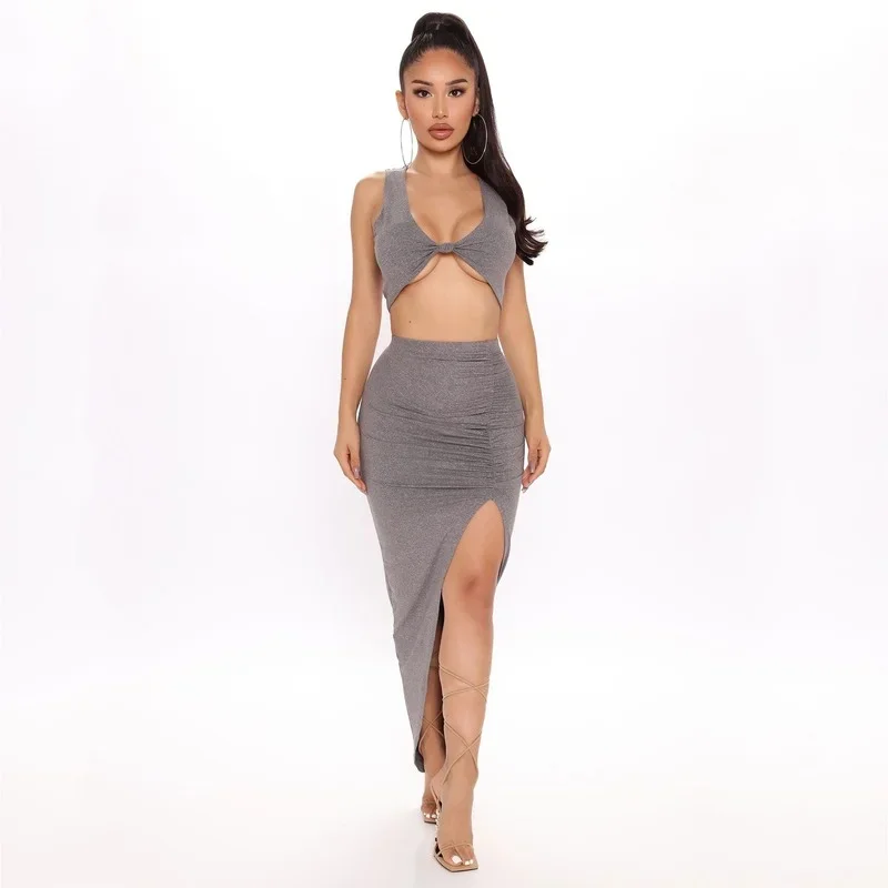 2024 Summer New Women's Fashion Solid Color Temperament Slim Short Sexy Vest Pleated Split Long Skirt Two-piece Suit Wrap Skirts