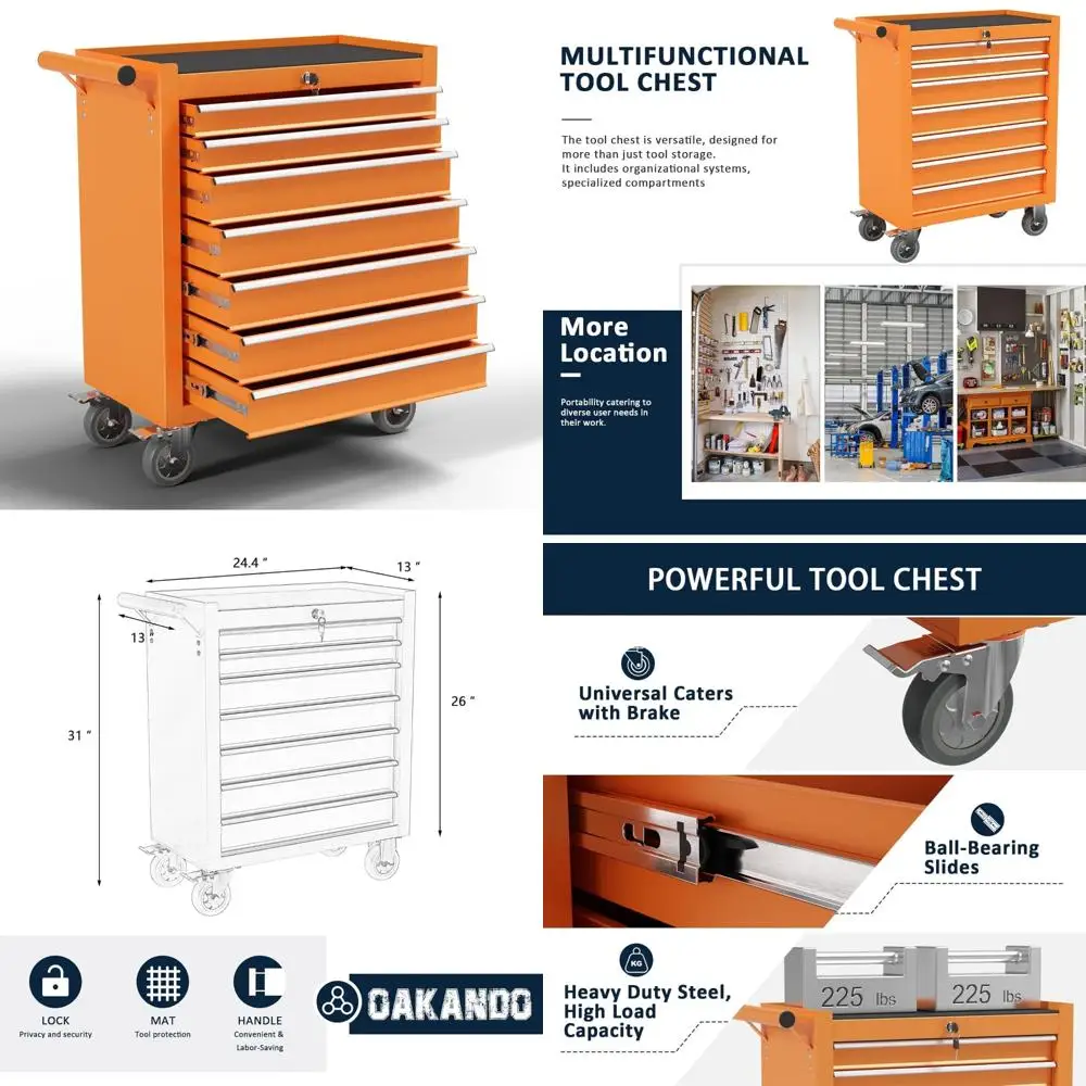 Lemari Perkakas Logam dengan 7 Laci, Kabinet Penyimpanan Beroda yang Dapat Dikunci untuk Pengorganisasian Garasi dan Gudang