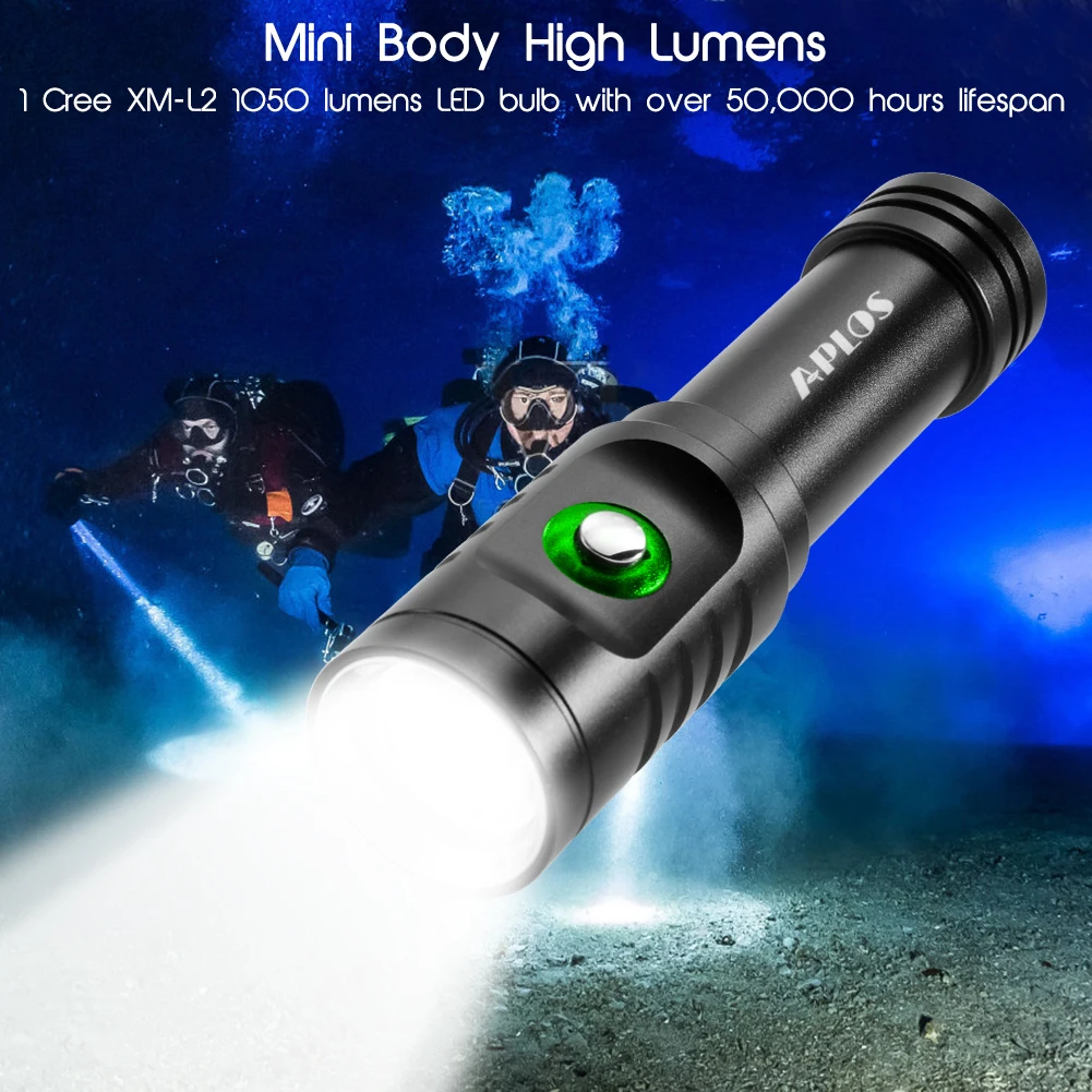 APLOS AP01 1050 Lumens Diving Flashlight XM-L2 5000k LED Scuba Dive Light, IPX8 Waterproof Underwater 100m Rechargeable Torch