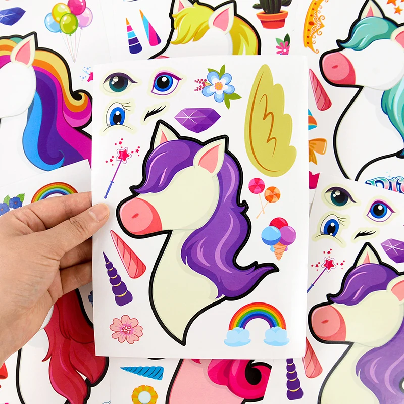 12 Sheets Children DIY Puzzle Sticker Unicorn Cartoon Face Funny Assemble Stickers School Teacher Supplies Kids Favor Gifts Toys