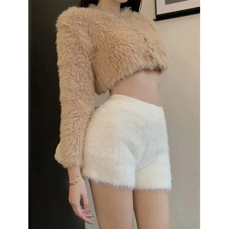 Slim High Waist Women's Black Plush Knitting Shorts Spring Autumn Thick Velvet Pants Aesthetic White Korean Fashion Free Shippin