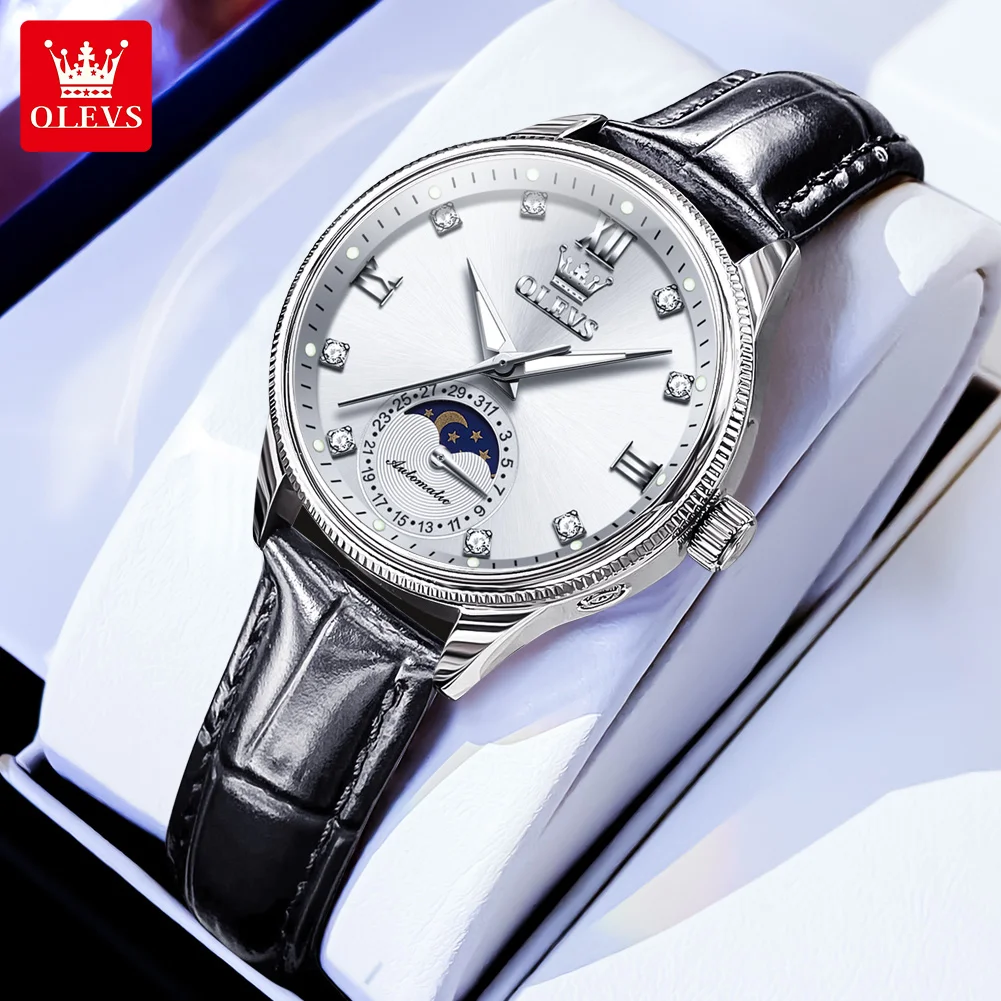 

OLEVS 7039 Женские автоматические часы с фазой Луны, элегантные роскошные оригинальные часы для женщин, водонепроницаемые женские наручные часы с кожаным ремешком