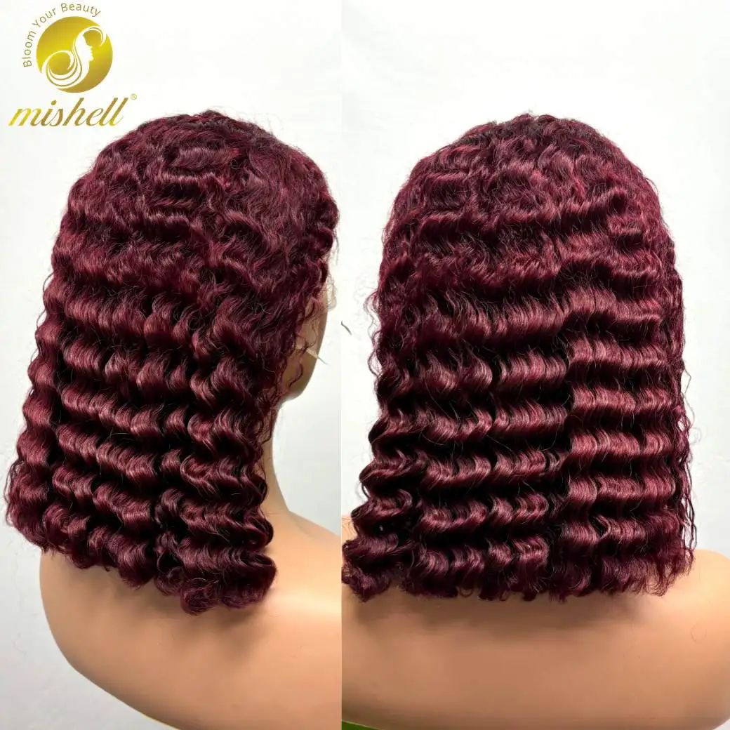 

Short Burgundy 99J# Water Wave Bob Wig Human Hair Wigs 250% Density 13x4 Lace Frontal Deep Wave Curly Wig for Women PrePlucked
