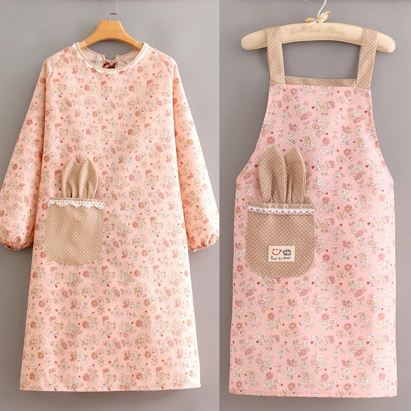 Long sleeve apron home kitchen cooking woman new fashion korean version breathable cleaning smock overalls