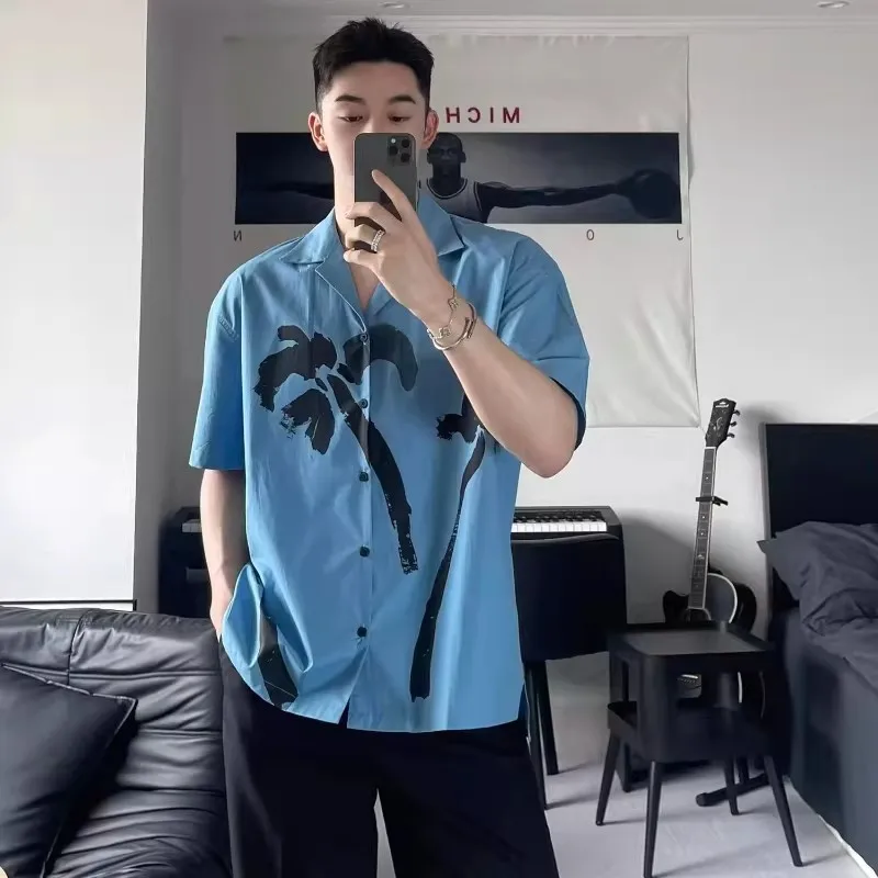 

Summer Large Size 300 Pounds Hong Kong Style Retro Loose Short Sleeve Printed Shirt Men Handsome Blue Collar Shirt