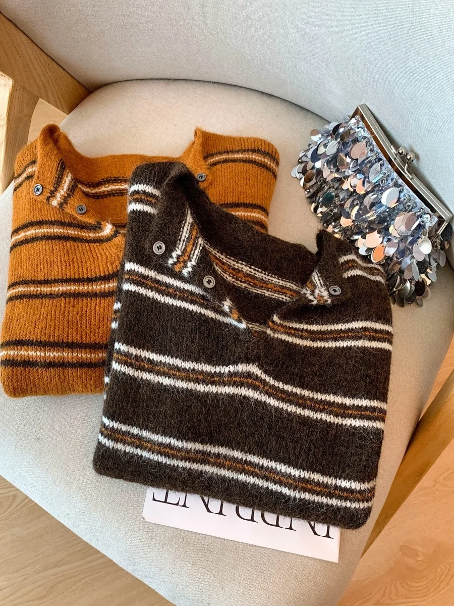 الكورية Sle جميلة البرتقال مخطط تريكو المرأة كسول سترة أوائل الخريف الشتاء Faion مكافحة الشيخوخة #5