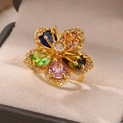 Cubic Zirconia Colored Flower Rings for Women Luxury Adjustable Stainless Steel Ring Gold Color Wedding Jewelry free shipping