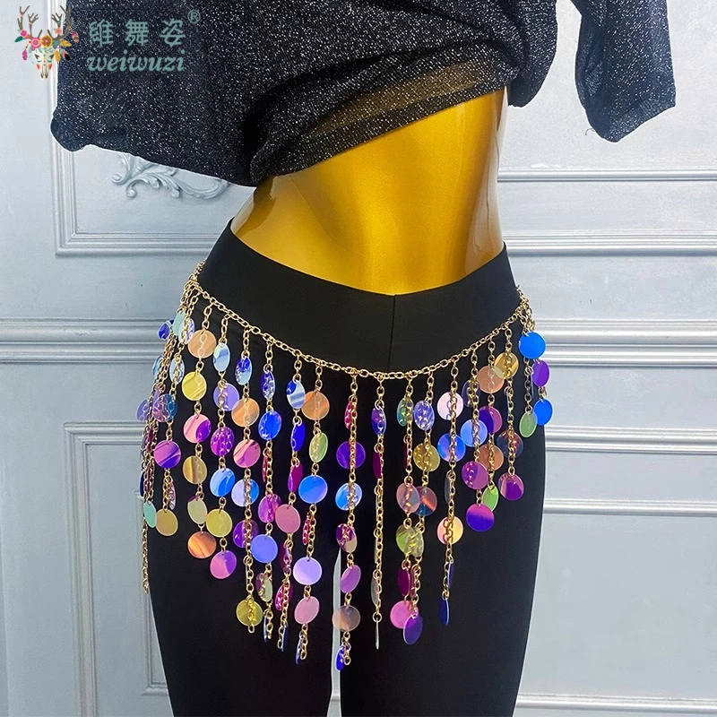 BellyDance Performance Belt Advanced Colorful Sequins Fringe Waist Chain Adult and Children Oriental Dance Practice Accessories