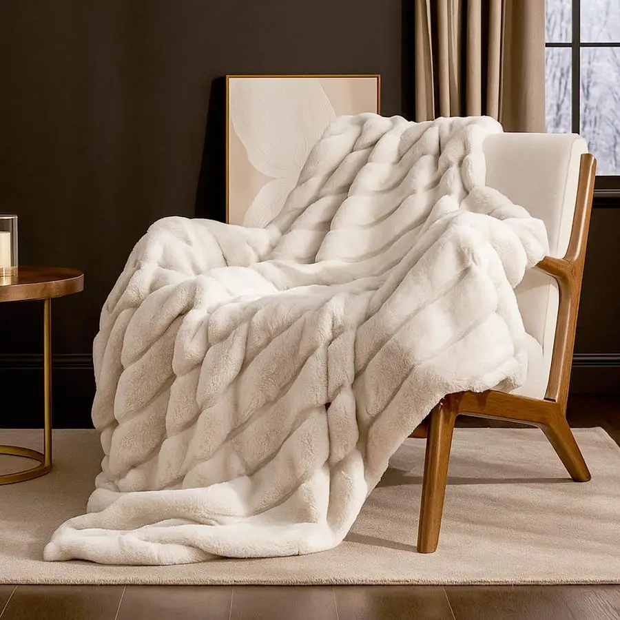 

Deluxe Sheared Rabbit Faux Fur Throw Blanket, Soft Fuzzy HighLow Sculpted Plush Blanket for Couch, Cozy Home Accent, All Season