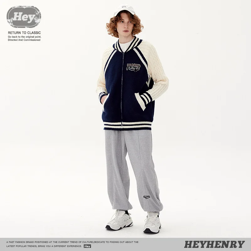 Men Sweaters Knitted Cardigan College Sweater Color Contrast Campus Sweater Coat Loose Versatile Top Male