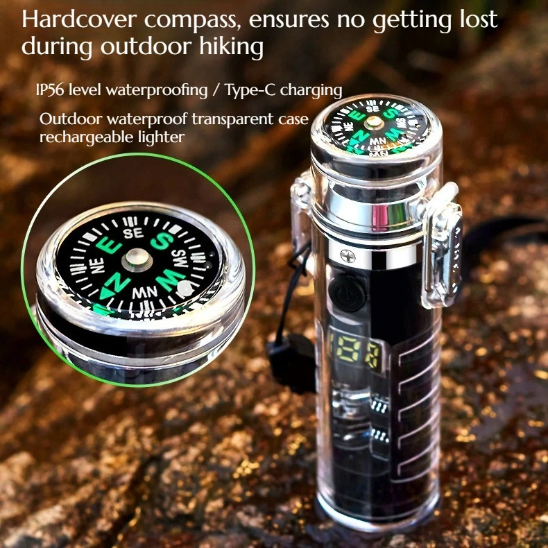 

Transparent Waterproof Multi-functional Charging Lighter Compass Flashlight Outdoor Convenient Camping Emergency Ignition Device