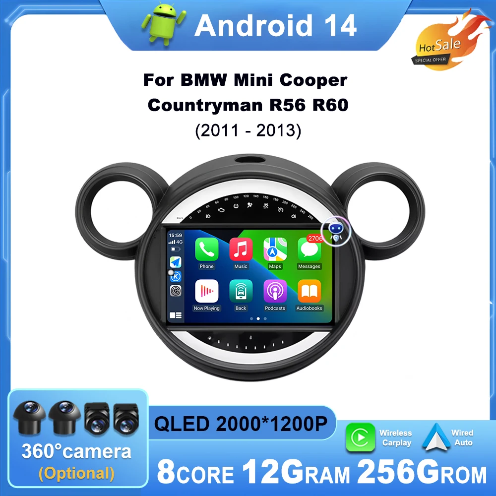 Android 14 For BMW MINI Paceman Countryman R56 R60 2007 - 2014 Car Radio Multimedia Video Player Android auto wireless adapter