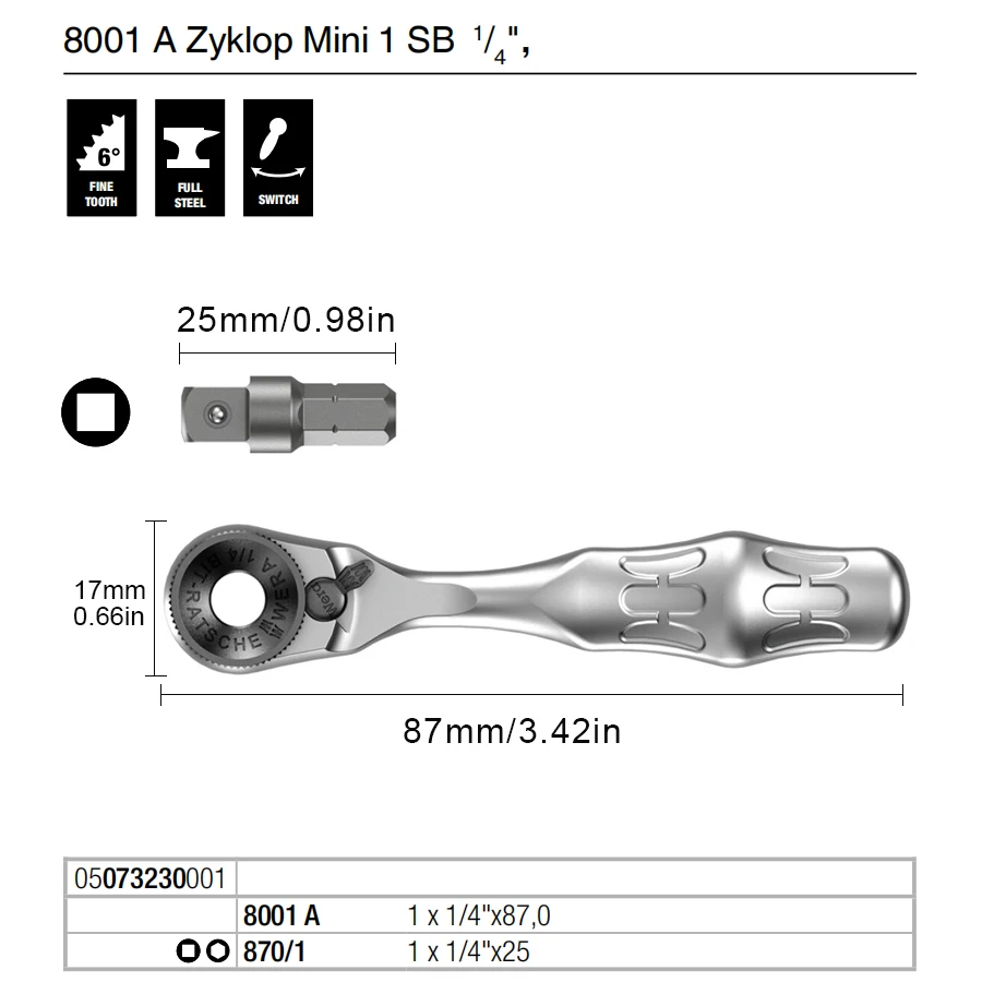 Wera 2 Pieces Mini Bit Ratchet Wrench Set 1/4\