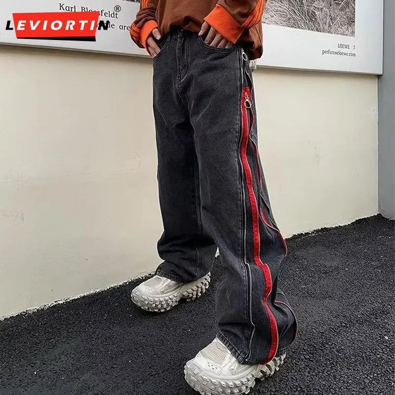 2023 Ribbon Double Zipper Edge Baggy Y2k Jeans Pants Men Harajuku Streetwear Wide Leg Loose Harem Denim Trousers for Man Autumn