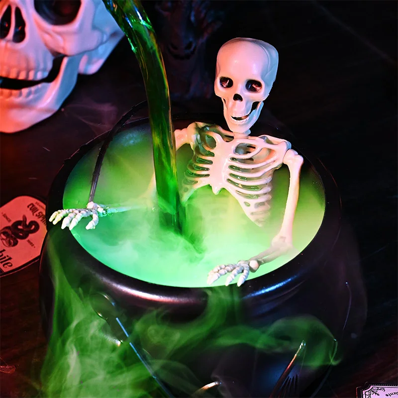 Halloween Witch Cauldron with LED Light & Fog Mist Maker Skeleton Decor for Spooky Hocus Pocus Party, Home, Halloween Party