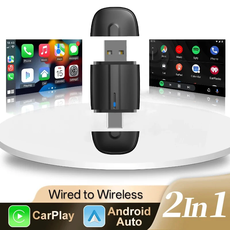 

Беспроводной адаптер Carplay 2-в-1 USB и Type-C для iPhone, преобразователь проводного Android Auto в беспроводной, 5 ГГц, Smart Mini Box для VW, Toyota, Honda, Volvo