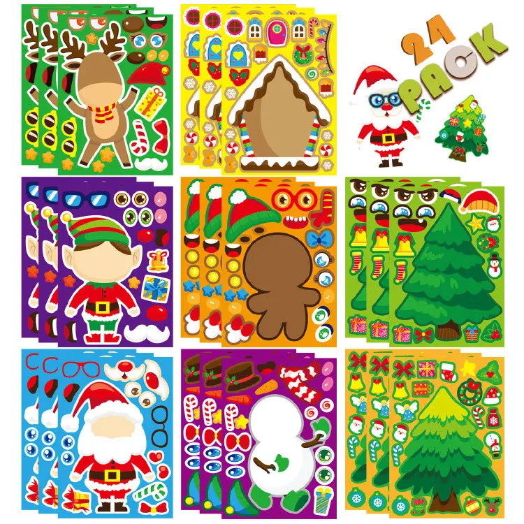 Kawaii Christmas Puzzle Stickers Cartoon Santa Claus DIY Make-a-Face Jigsaw Games Fun Party Decoration Toy