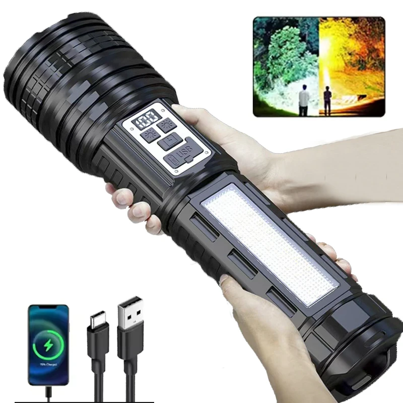 Lampe de poche haute puissance, Super grande lampe de poche Rechargeable, lampe de poche LED la plus forte, torche longue portée pour l'extérieur, batterie intégrée