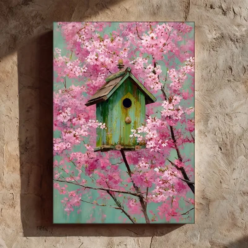 

1pc Vintage Cherry Blossom Birdhouse Canvas Wall Art - Pastel Pink Sakura Print with Green Birdhouse & Flowers, Square Framed/Fr