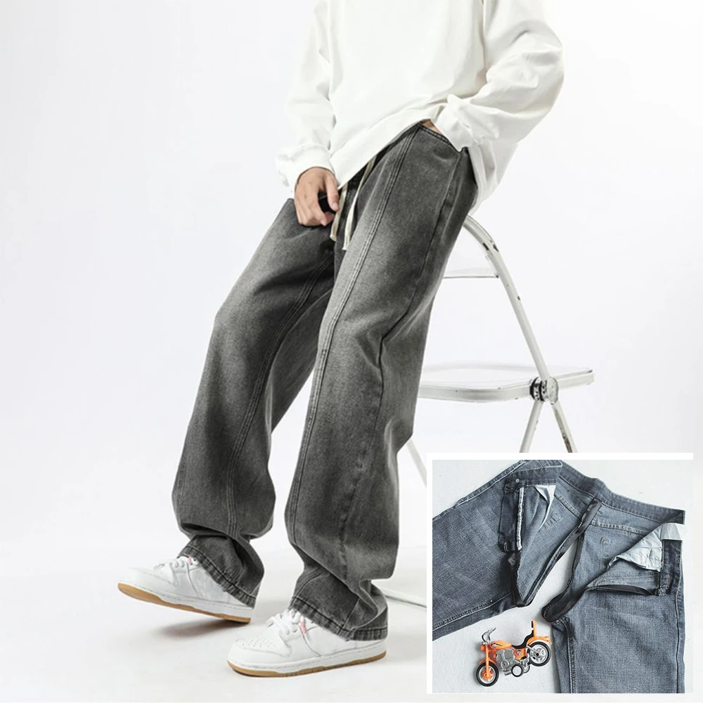 Baggy Pants High Street Men's Jeans Invisible Open Crotch Outdoor Sex Spring Autumn Slacks Straight Wide Legs Trousers