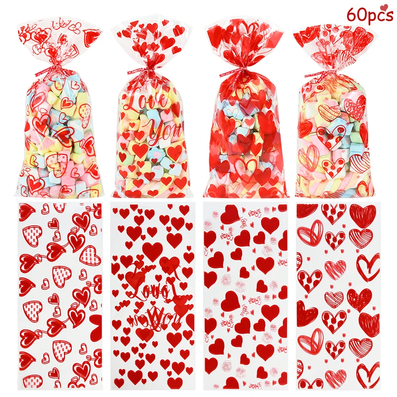 

60pcs Valentine Cookie Gift Bags Love Heart Clear Plastic Candy Bags Wedding Party Decor Valentine's Day Favor Gifts Goodies Bag