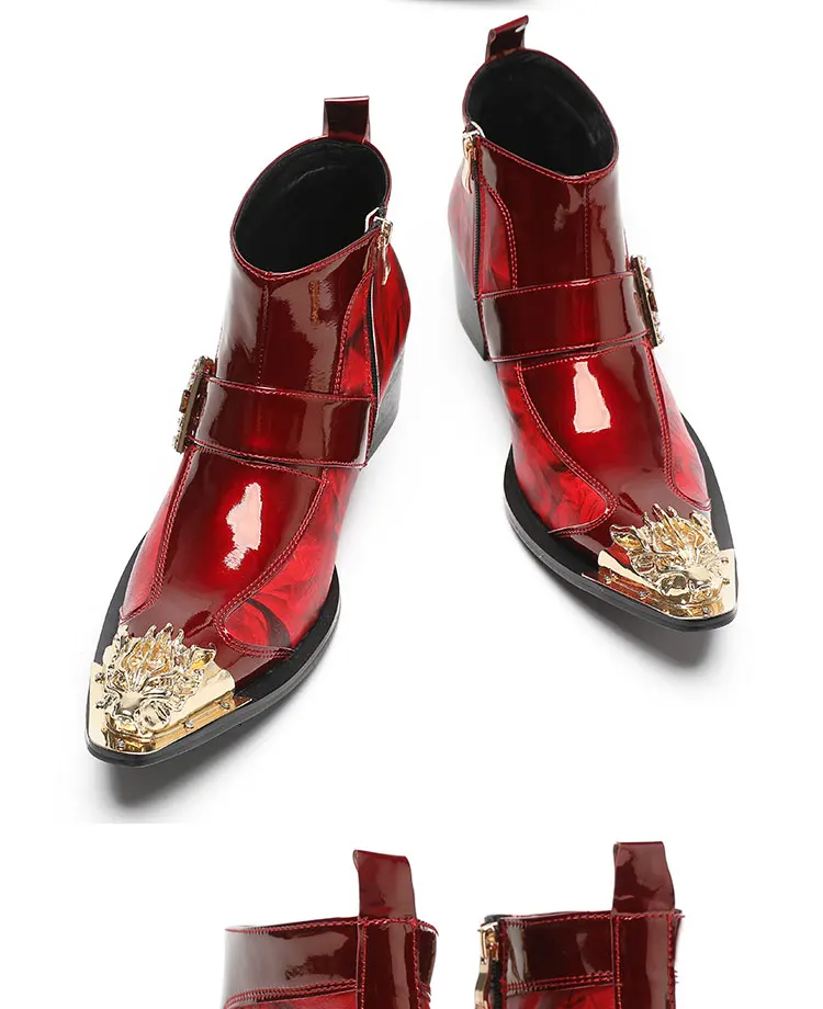Frühlings-Herrenstiefel, rote Lederstiefel mit Nietenspitze, Modell, sozialer Kontakt, Erhöhung der Show, hochhackige Herrenstiefel aus Lackleder – Detail 9