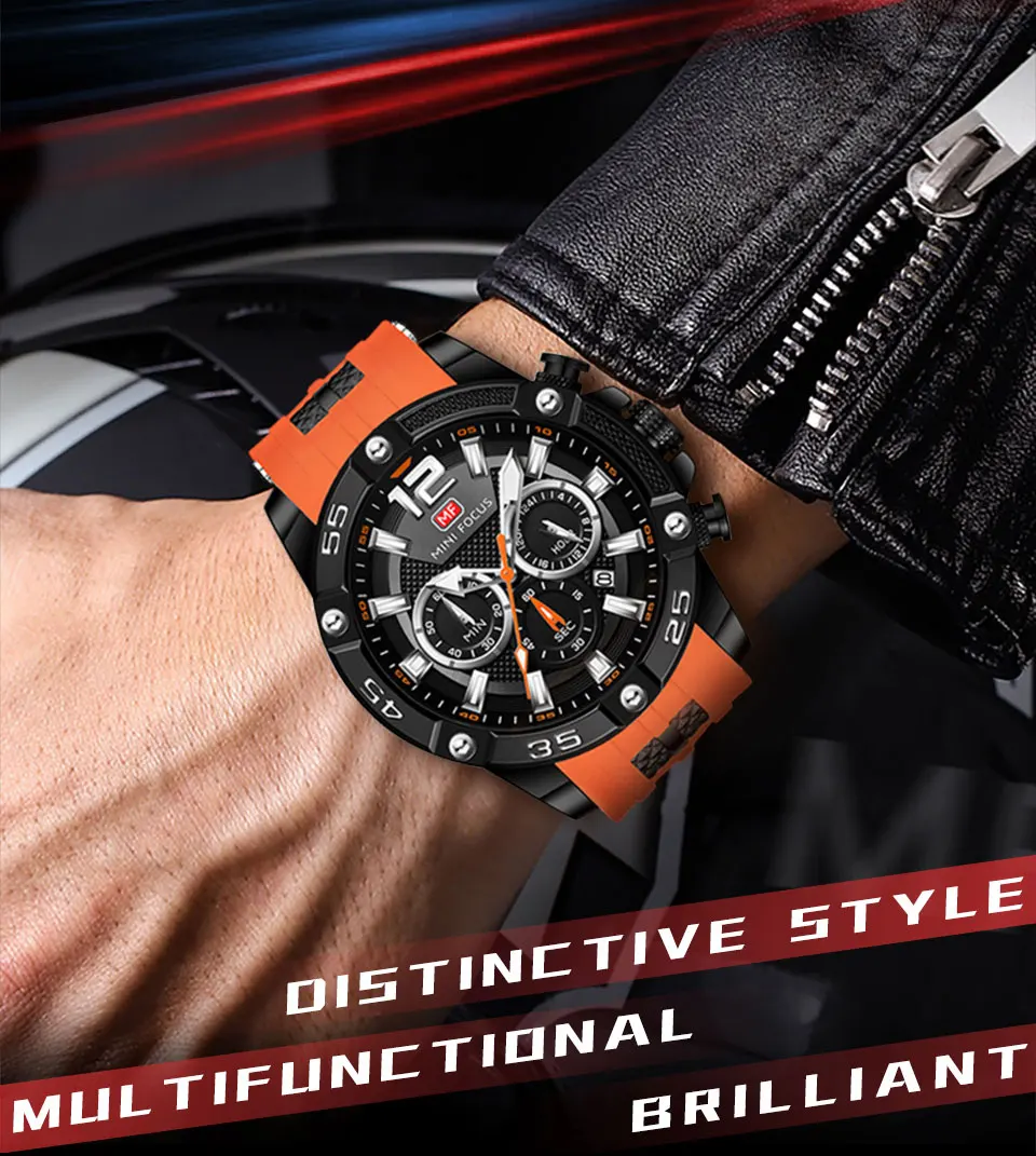 MINI FOCUS Sports Watches for Men Chronograph Waterproof Quartz Watch Luminous Hands Orange Silicone Strap Men Wristwatches 0349