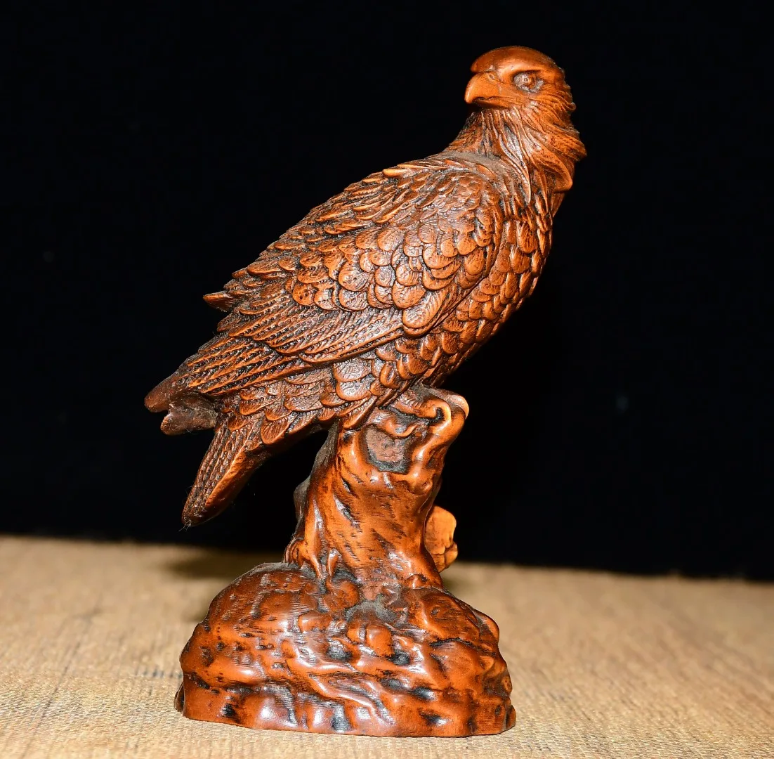 

5"Folk Collection Old Boxwood Eagle Statue Hidden Eagle Station Songgen Amass wealth Ornaments Town house Exorcism