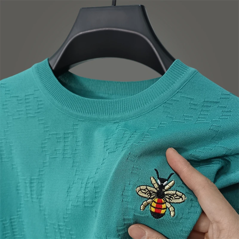 Men\'s Summer New Ice Silk Short Sleeve Exquisite Embroidery O-Neck Pullover T-Shirt Seamless Casual Breathable Top Men\'s Wear